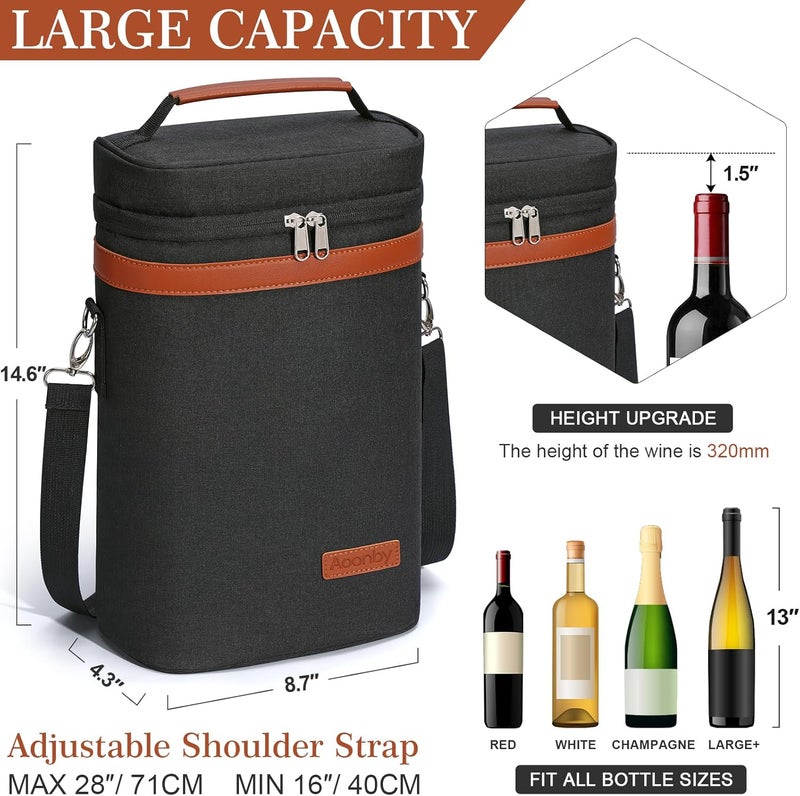 Aoonby 2 Bottle Wine Bag Wine Cooler Carrier Wine Gift Tote Bag, Leakproof & Insulated Bottle Bags for Travel, BYOB, Beach, Dinner, Party, Christmas Gifts for Wines Lovers Women Men - Black - Image 2